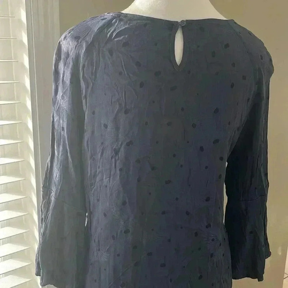 [Eu40/US M]Yaya Anthropologie 3/4 Flower Sleeve Silk Blue Blouse Flying Crane - Picture 4 of 9